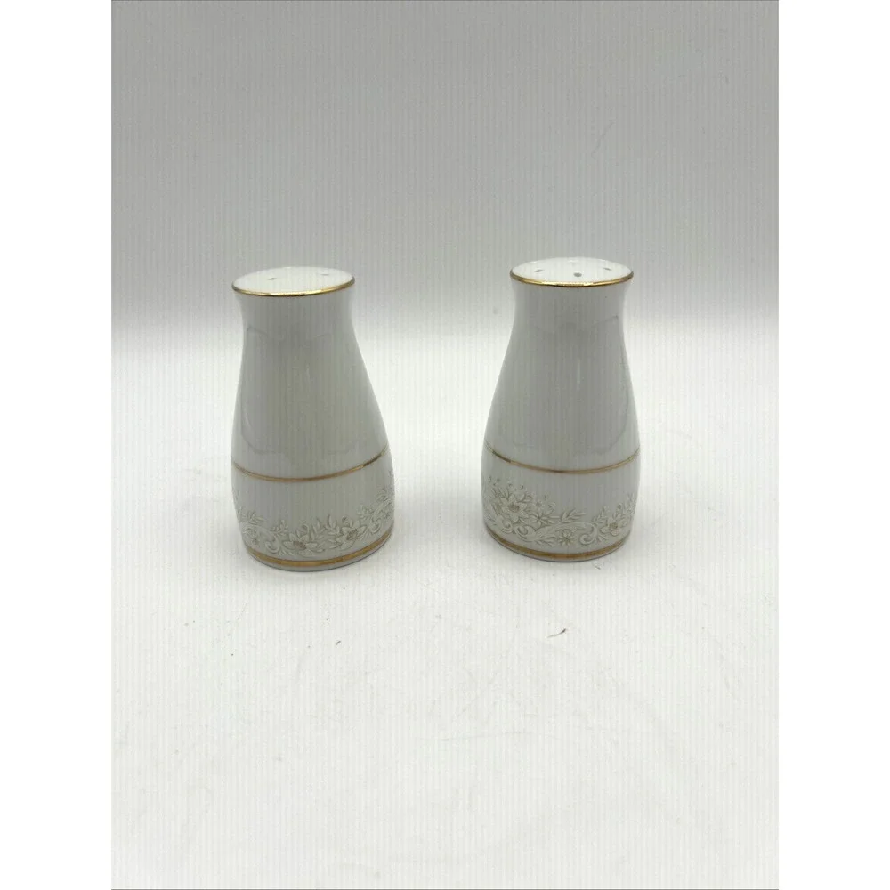 Noritake Dearest Salt & Pepper Shakers White Floral Gold Edge Fine China Japan
